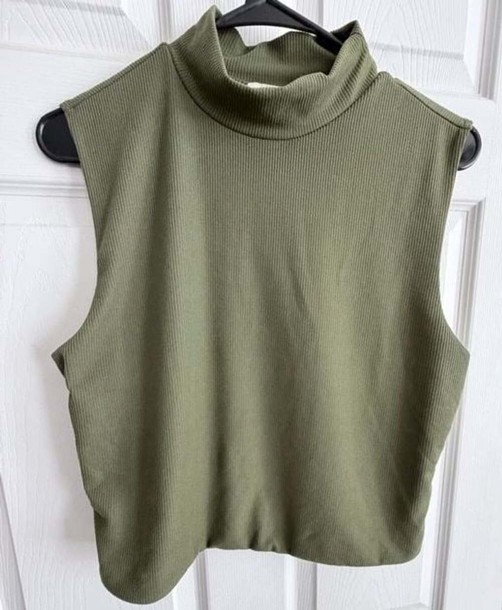 Sleeveless Ribbed Mock Neck Tank Top - Olive Green XL